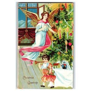 Vintage Embossed Christmas Postcard Angel & Child with Trumpet Decorated Tree